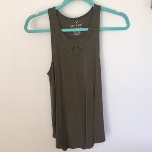 American Eagle Army Green Top with Lace Detail